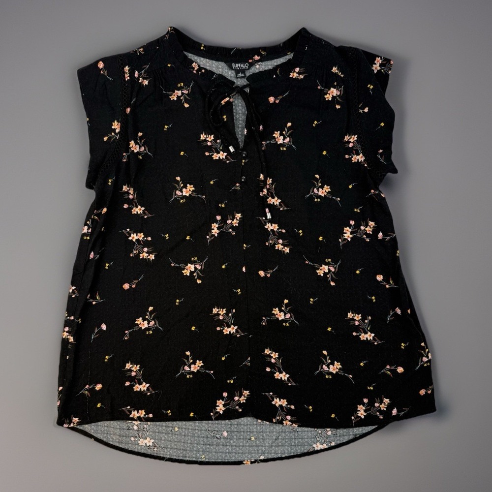 Floral Boho Blouse Black Peasant Top Lightweight Buffalo David Bitton‎ Small